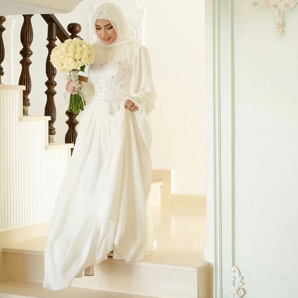

Muslim Wedding Dresses Hijab High Neck Long Sleeve A-Line Brides Dress Appliques Beading Chiffon Civil Bridal Gown Customized