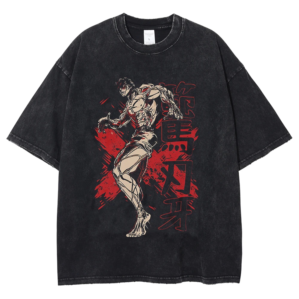 Harajuku Fashion Streetwear Men Washed T-Shirt Japanese Anime Baki The Grappler Tshirt Cotton Tops Short Sleeve Vintage Tees