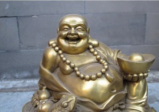 Buddhism Brass Copper Happy Laugh Yuan Bao Toad Buddha Statue