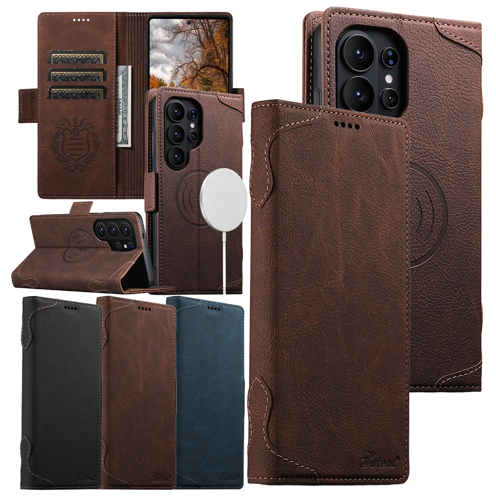 Luxury Wirless Charging Magnetic Flip Leather Wallet Case for Samsung Galaxy S26 Ultra S25 S24 S23 S22 S26U S25U Phone Cover