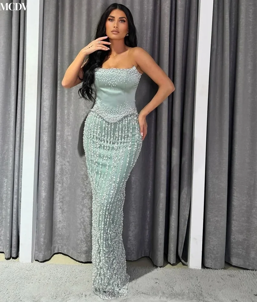 Customized Exquisite Tulle Straight Beading Sequined Evening Dress Graceful Strapless Sleeveless Floor Length Prom Gowns