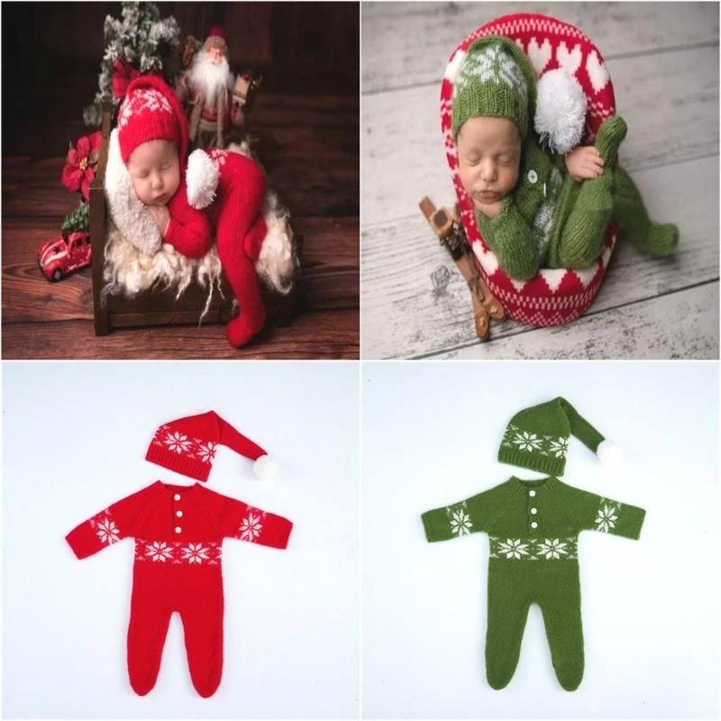 97BE Newborn Baby Photo Props Infant Christmas Hat and Jumpsuit Outfit Photo Clothing