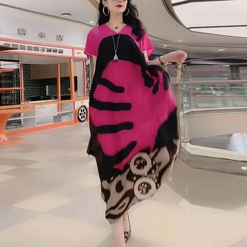 

2024 Summer New Women's Simplicity V-Neck Spliced Printed Korean Version Elegant Loose Short Sleeve Commuter Casual Silk Dress