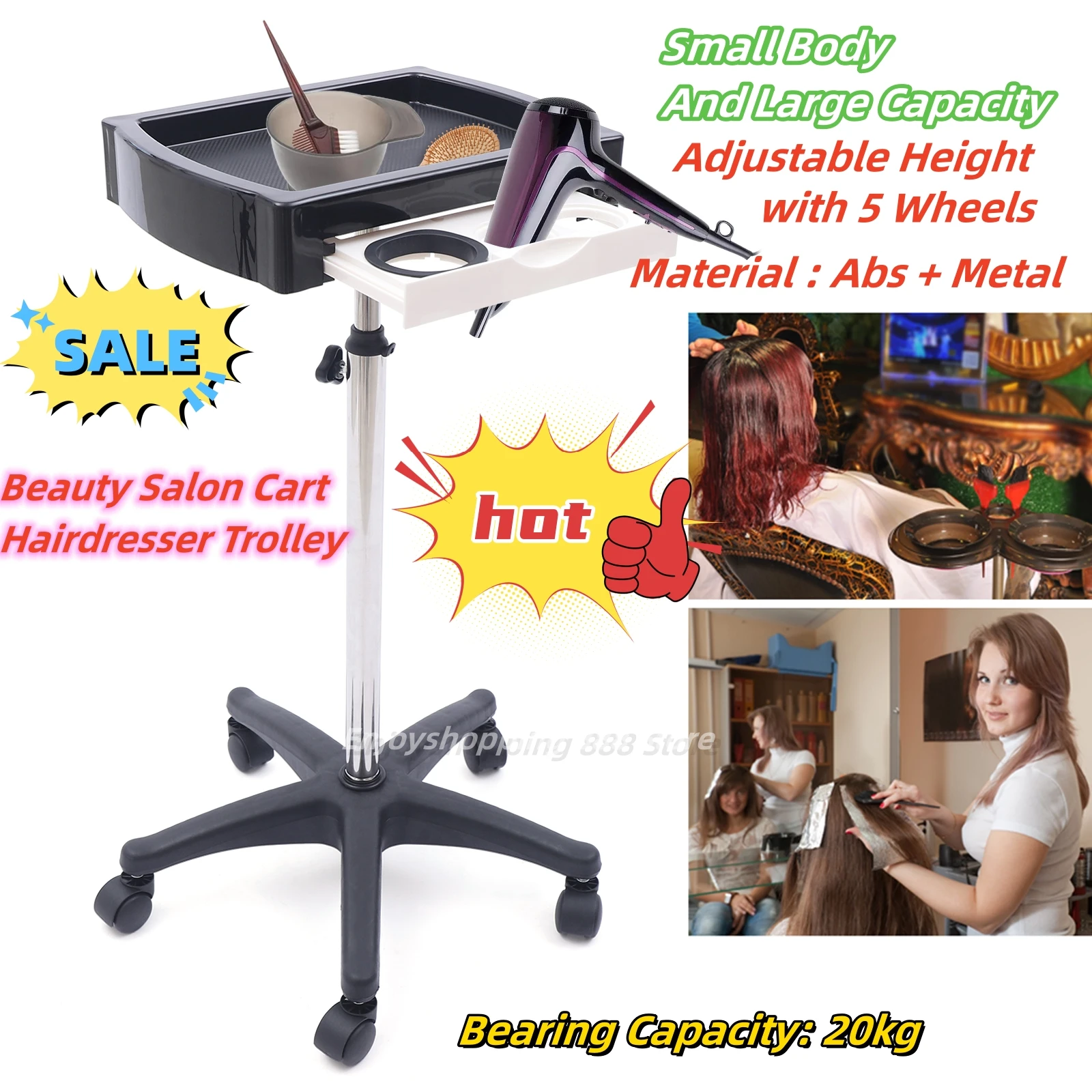 

Beauty Salon Cart Hairdresser Trolley Adjustable Height Spa Service Storage with 5 Wheels