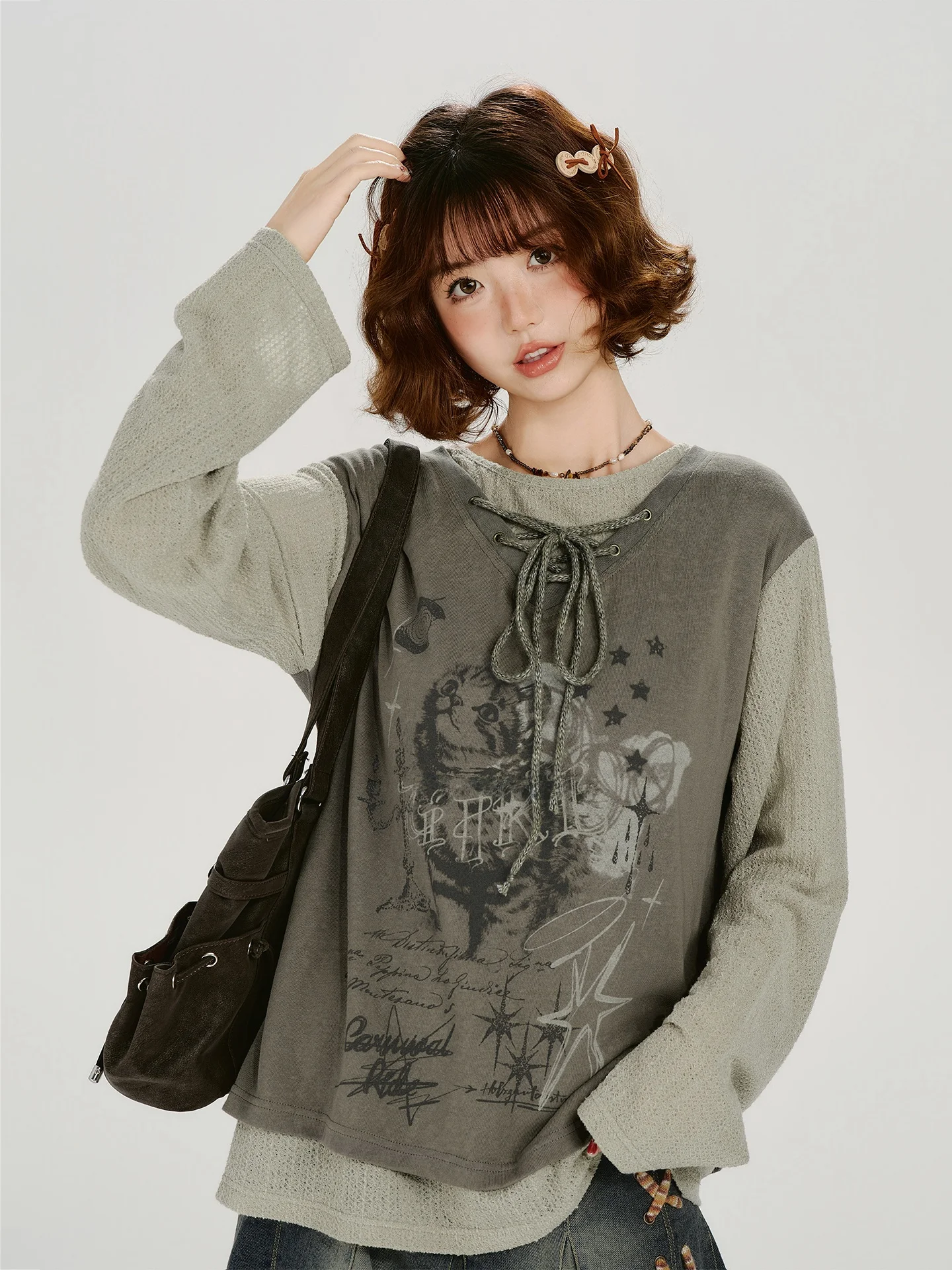 Girlyhalo American Retro Print Long Sleeve T-Shirt Women's Loose Belted Top Autumn New Design Sense Fake Two-Piece Style