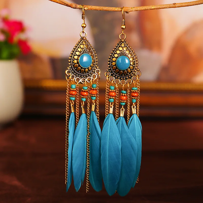 Böhmische lange Feder-Ohrringe für Frauen, klassische ethnische Retro-Temperament-Kette, Blatt-Perlen-Quasten-Ohrringe, Boho-Hochzeitsschmuck – Detail 8