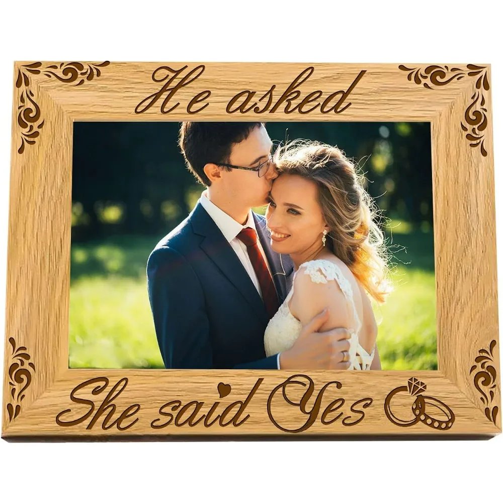 6x4 Inch Engagement Picture Frame Hanging/Tabletop Wood Photo Frame Rectangle Frame with He Asked, She Said Yes Words for