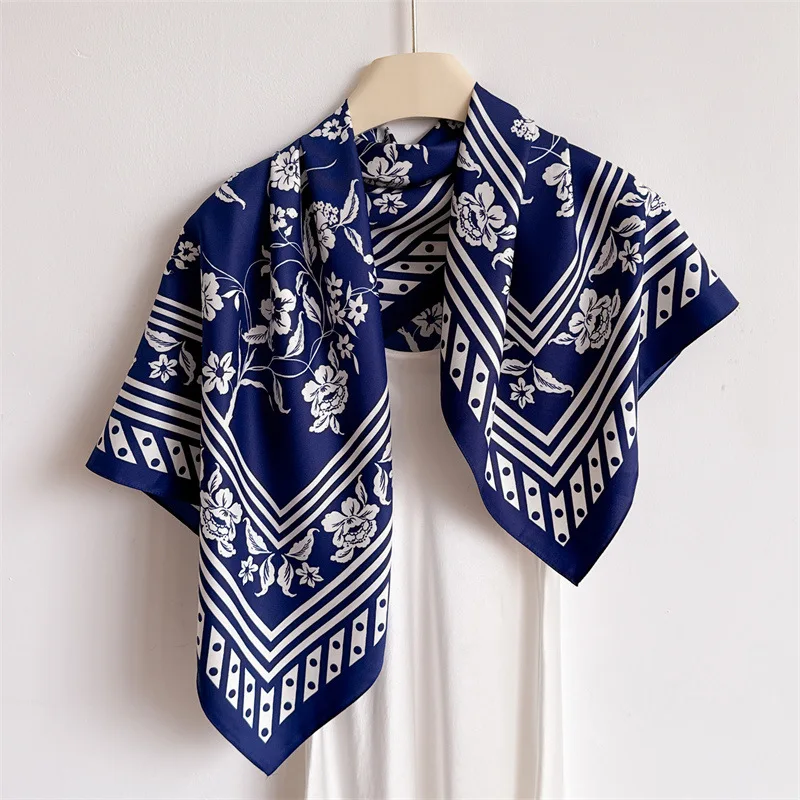 

High-end 90cm Print Square Scarf Women Satin Kerchief Shawl Hijab Neckerchief Female Hair Ribbon Headband Fashion Wrap Bandana