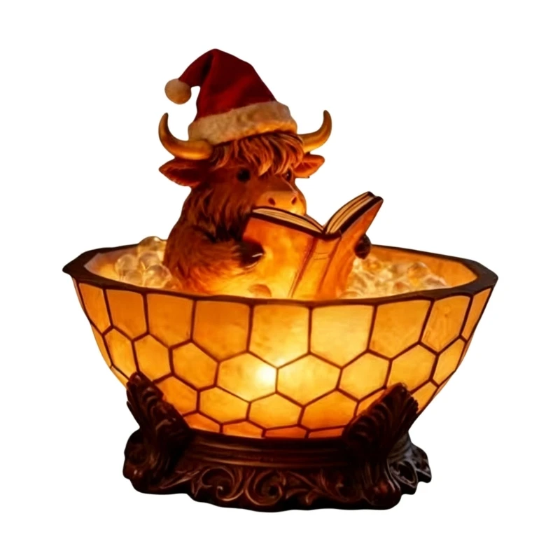 Holiday Cow Lamp with Santa Hat, USB Resin Figure Light for Desk, Shelf, Entry Table and Christmas Room Display for Indoor 87HA