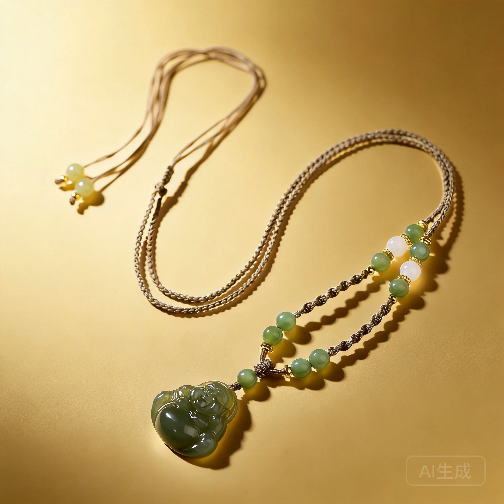 Natural Hetian Jade Laughing Buddha Pendant Chinese Traditional Good Luck Wealth Blessing Adjustable Braided Necklace Unisex Amu
