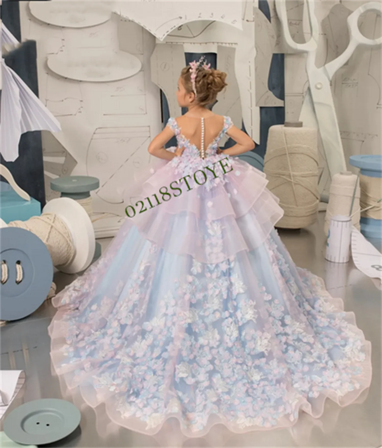 

Sky Blue Lace Baby Girl Party Dress Kids Layers Flower Girl Dresses Princess Dress Cute First Communion Dress Pageant Gown