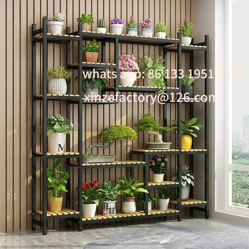 

Customizable solid wood wrought iron outdoor balcony rack multi-layer flower shop display rack floor-to-ceiling