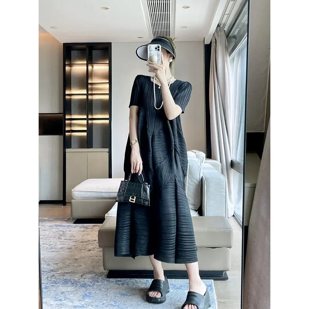 Pleats Pleated Summer New Commuter French Women\'s Simple Temperament Elegant Bud Dress Loose Casual Plus Size Long Dresses