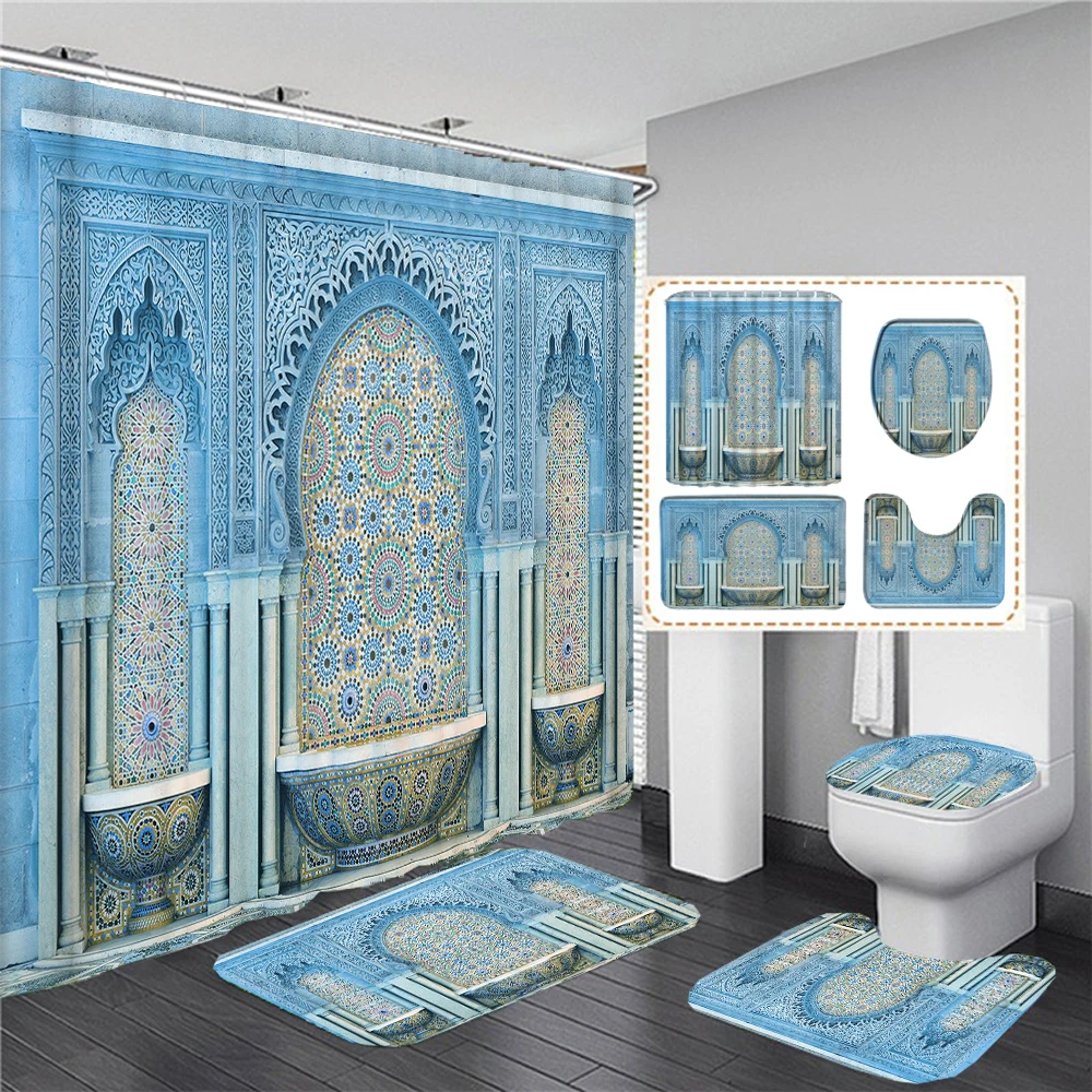 European Retro Architectural Murals Shower Curtain Moroco style Bathroom Curtains Set Anti-skid Rugs Toilet Lid Cover Bath Mat