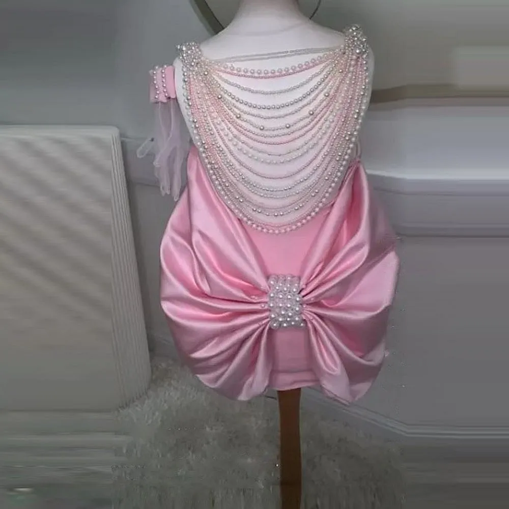 

Luxury Major Pearls Cocktail Party Dresses With Beads Tassels Mermaid Prom Dress With Bow Short Girls Christmas Birthday Gowns