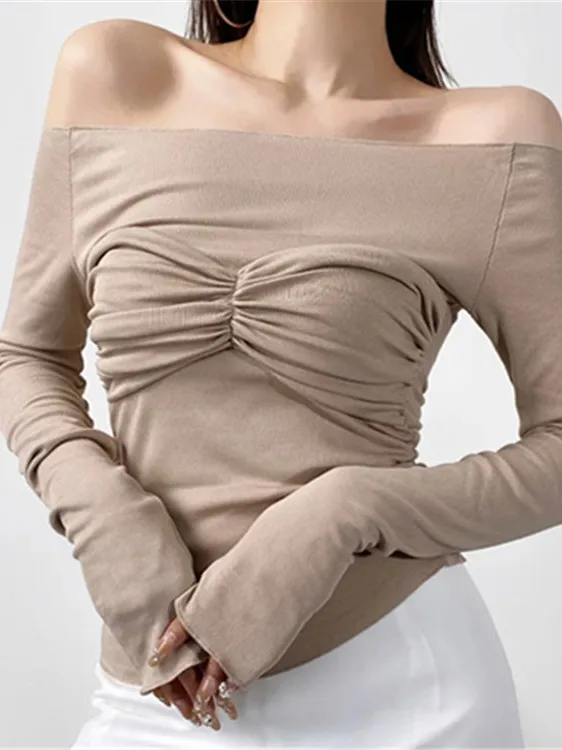 

Spicy Girl Sexy Brushed Fleece Long Shoulder Sleeves 2024 New Spring Chest Fold Bottom Top T-shirt F53P