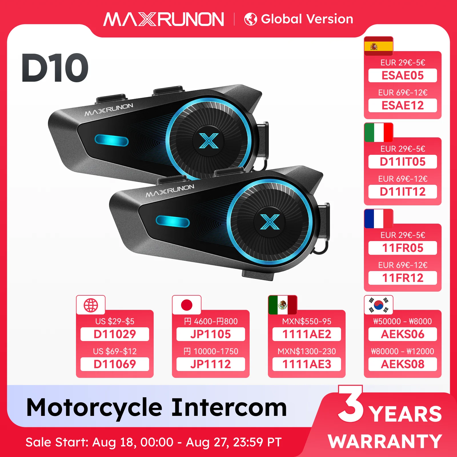 MAXRUNON D10 Мотоциклетная Bluetooth-гарнитура