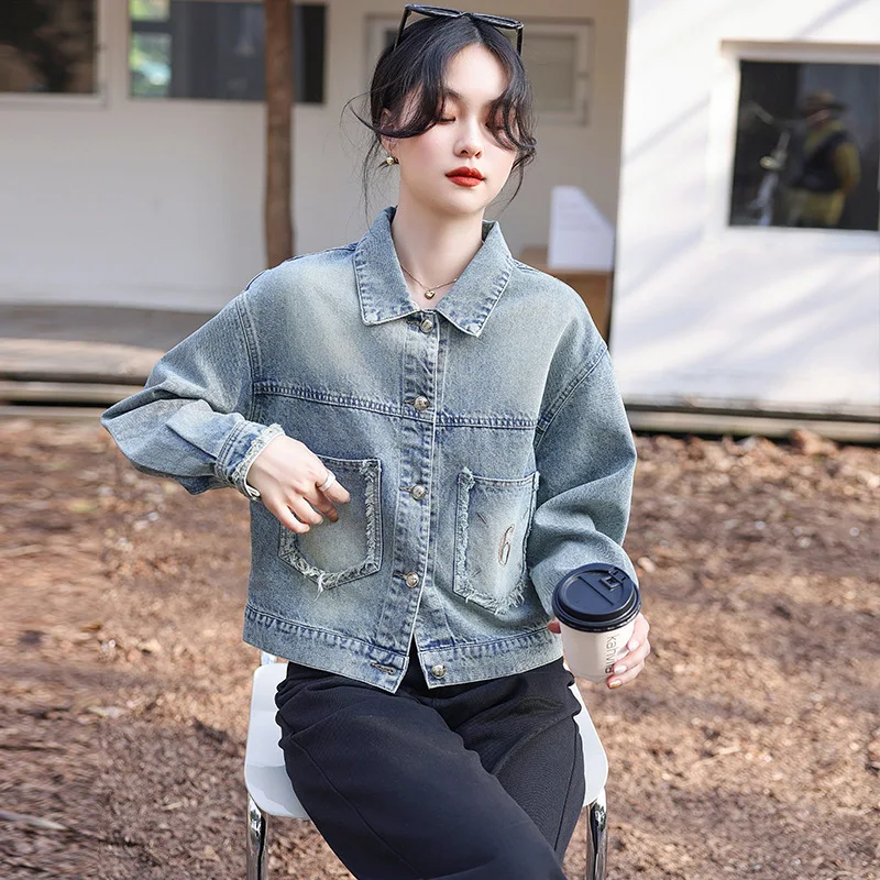 #3152 Spring Vintage Short Denim Jacket Women Turn-down Collar Denim Coats Ladies Pockets Outerwear Woman Jackets Split Joint