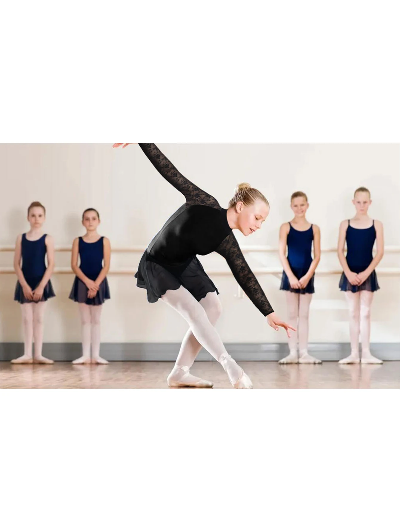 黒のダンスレオタード,長袖,レースのバレエドレス,水滴の形,体操服