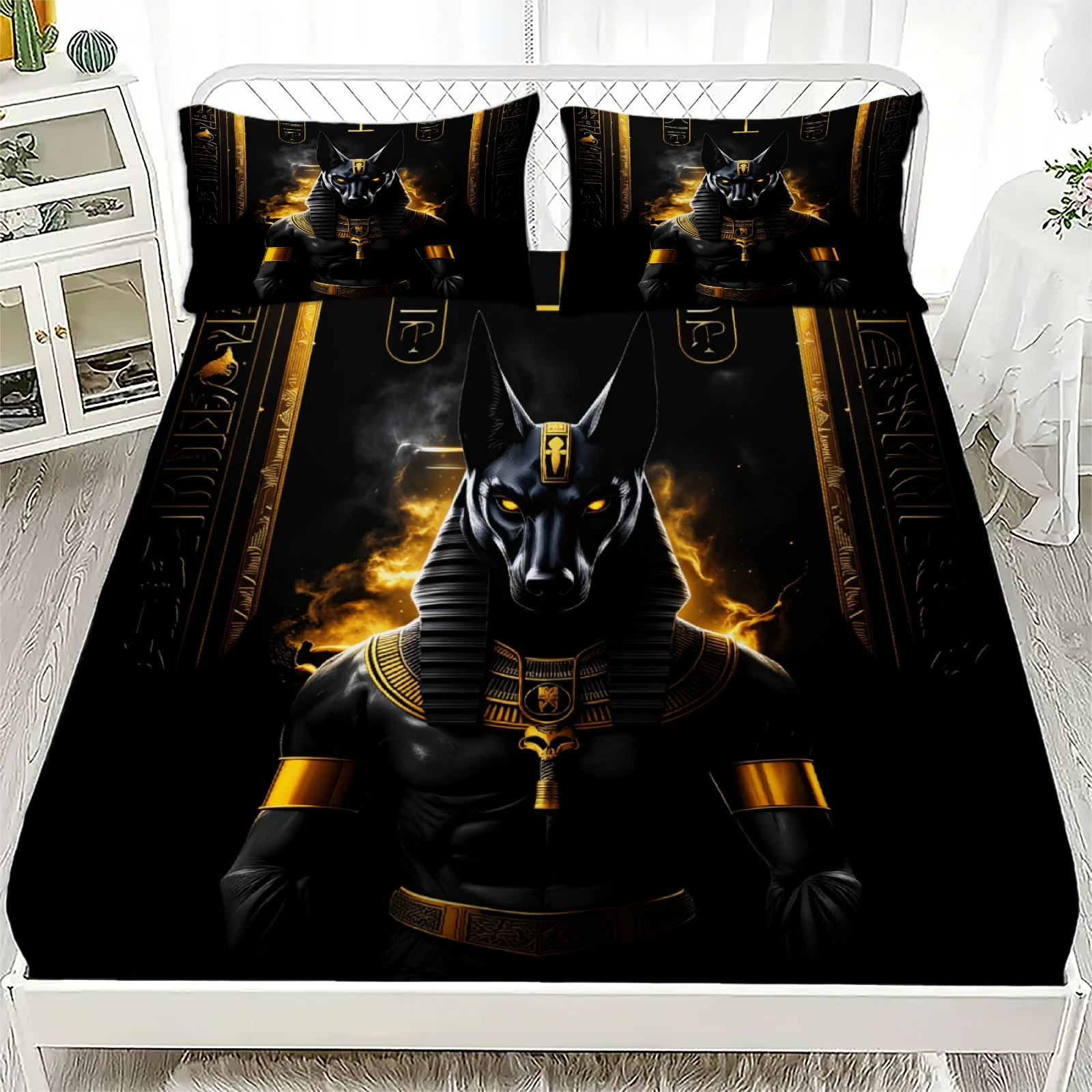 2/3Pcs Egyptian Anubis God Print Fitted Sheet Set 2D Flat Printing King Queen Size Polyester Bedding with Pillowcases
