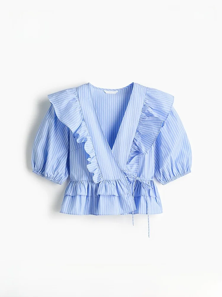 

Женская блузка H&M, весна 2026, с рукавами-фонариками, модный тренд, шелковистый топ с запахом, из чистого хлопка, с коротким рукавом, V-образный вырез