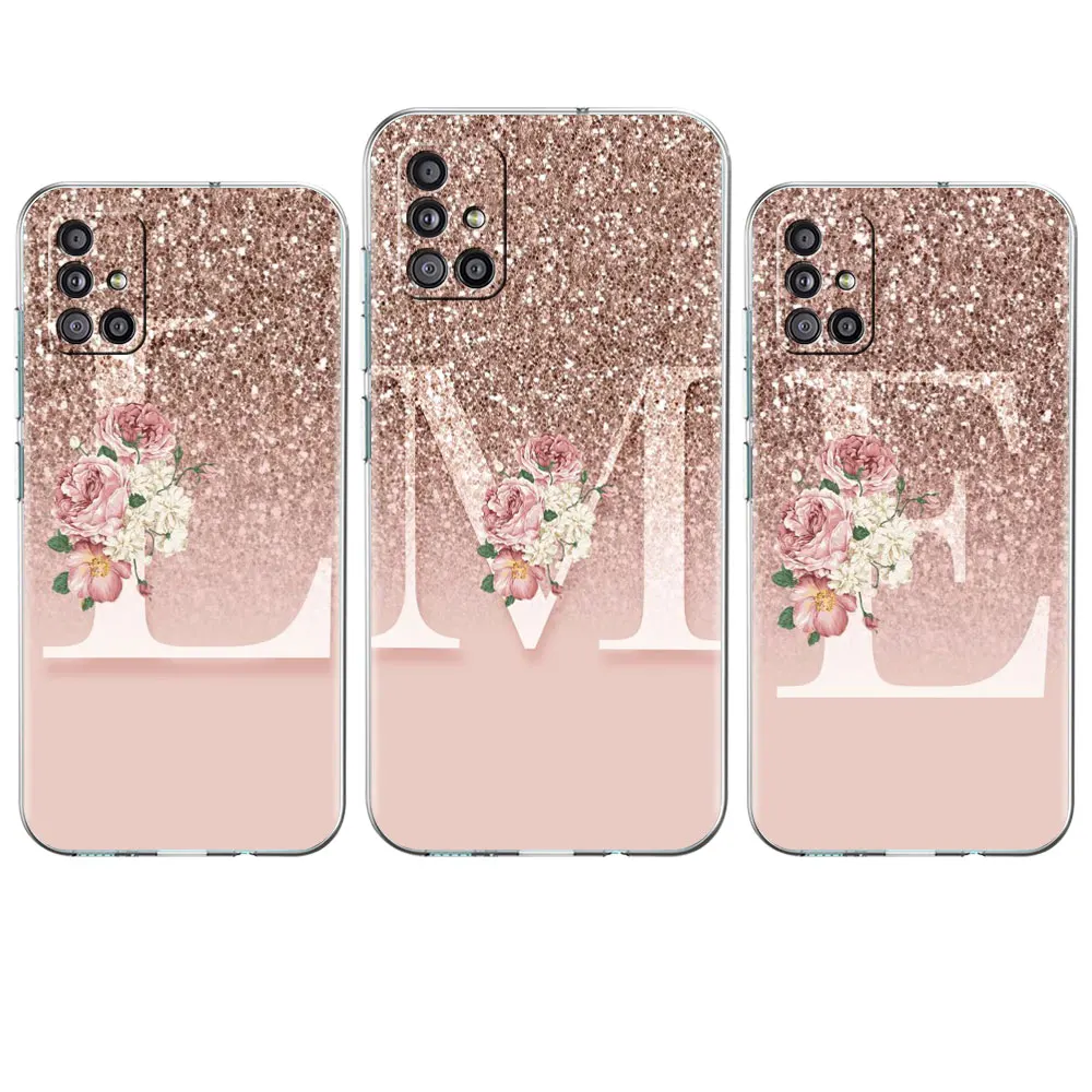 Jasne etui do Samsung Galaxy A52 A12 A51 A32 A21s A71 A32 A22 50 A70 A31 A72 5G telefon list motywacyjny różowy błyszczący M R