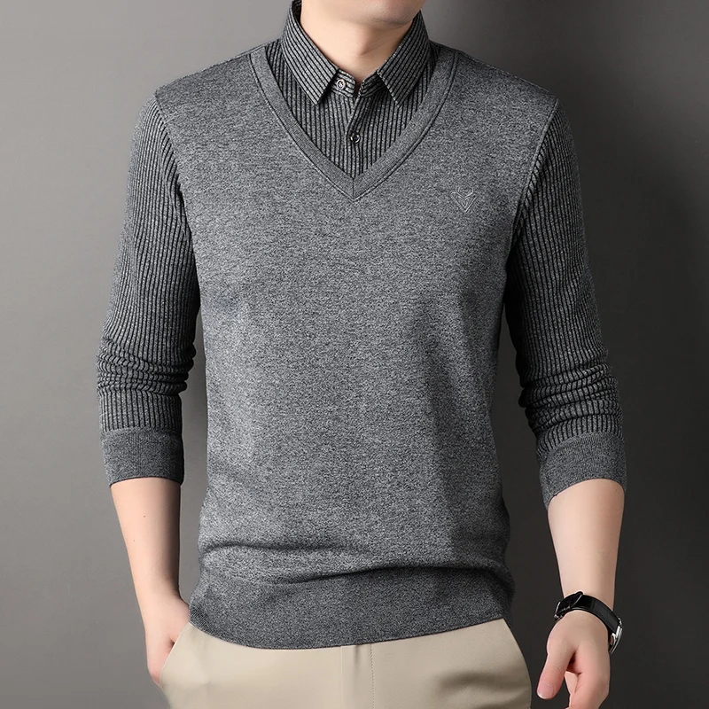 New Autumn Men\'s Polo Collar Shirts Fashion Knitting Pullovers Striped Thick Polo Shirts Slim Fit Korean Mens Top Clothes