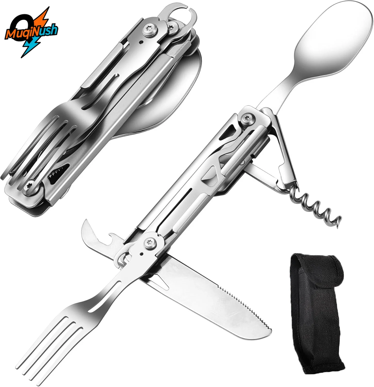 

MuqiNush 7-in-1 Detachable Stainless Steel Cutlery Set with Knife Fork Spoon Foldable and Portable for Travel Hiking Picnicking