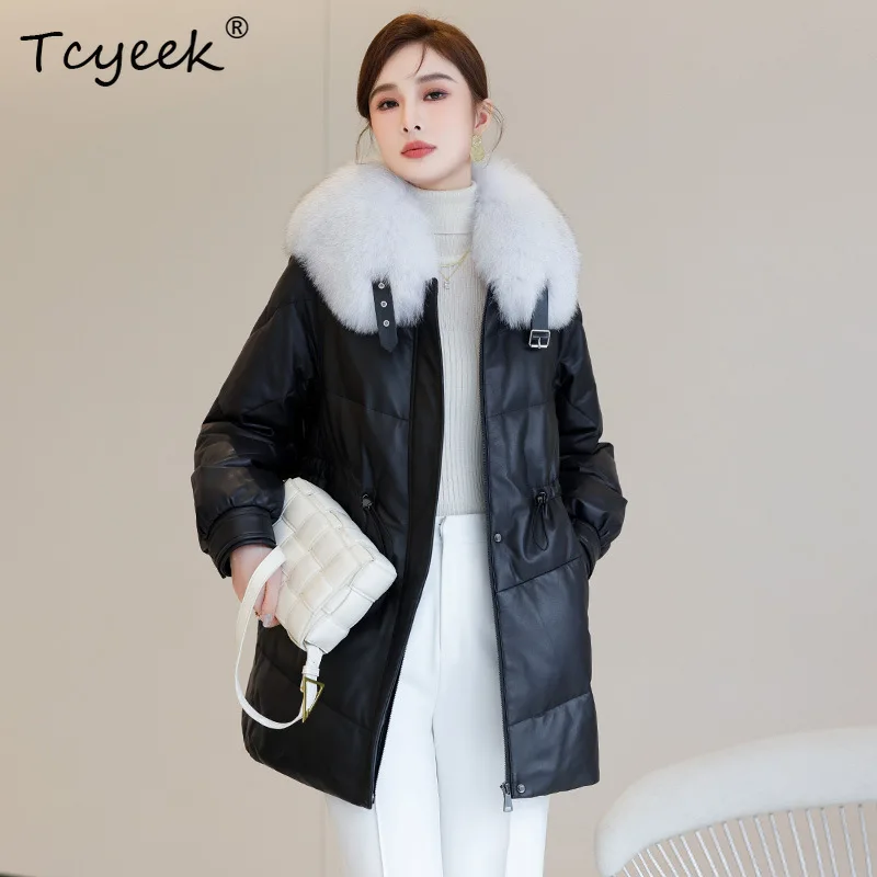 Tcyeek Top Layer Sheepskin White Duck Down Autumn Winter Fox Fur Collar Black Women's Genuine Leather Jacket Jaqueta Couro