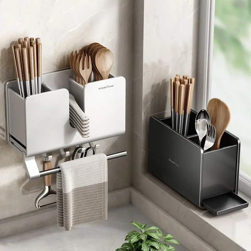 2023 Kitchen Storage Rack Knife Fork Chopsticks Organizer Drain Rack Wall-mounted Hole-free Installation Towel Rack Space Saving