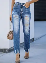 Retro Fashion Women's Jeans Casual Slim Fit Ripped Jeans Vintage Washed High Waisted Tight Jeans Youthful Casual Women's Jeans