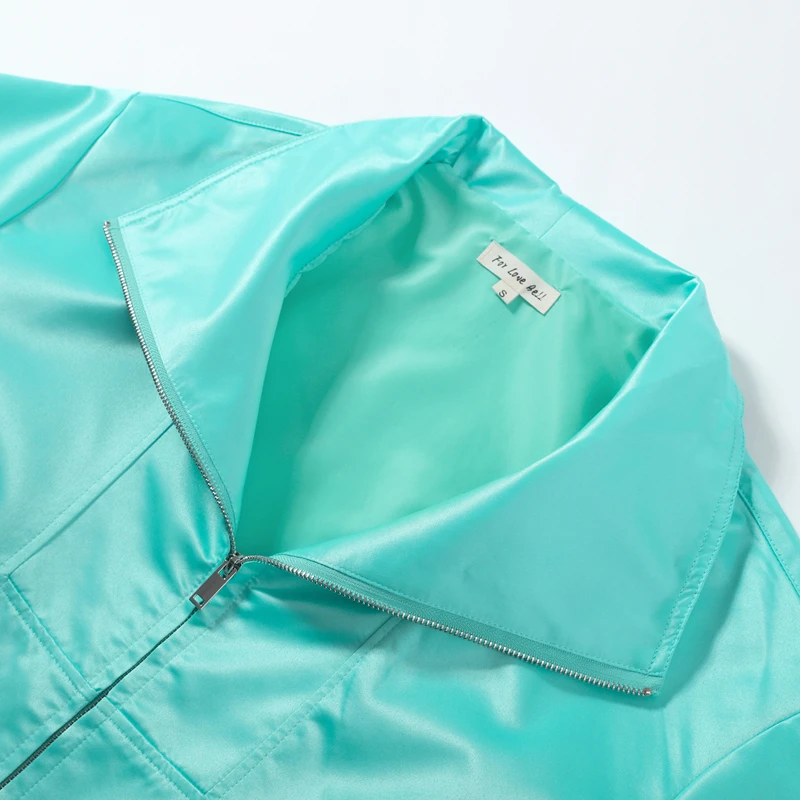 Glänzende Satin-Stehkragen-Mantel-Hosen-Sets für Damen, Streetwear, Langarm-Reißverschluss-Jacke, Weite Hosen, Schickes Damen-Outfit, Neu – Detail 6