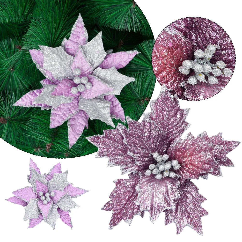 Dekorasi pohon Natal gantung bunga berkilau, ornamen Poinsettia isi 19cm