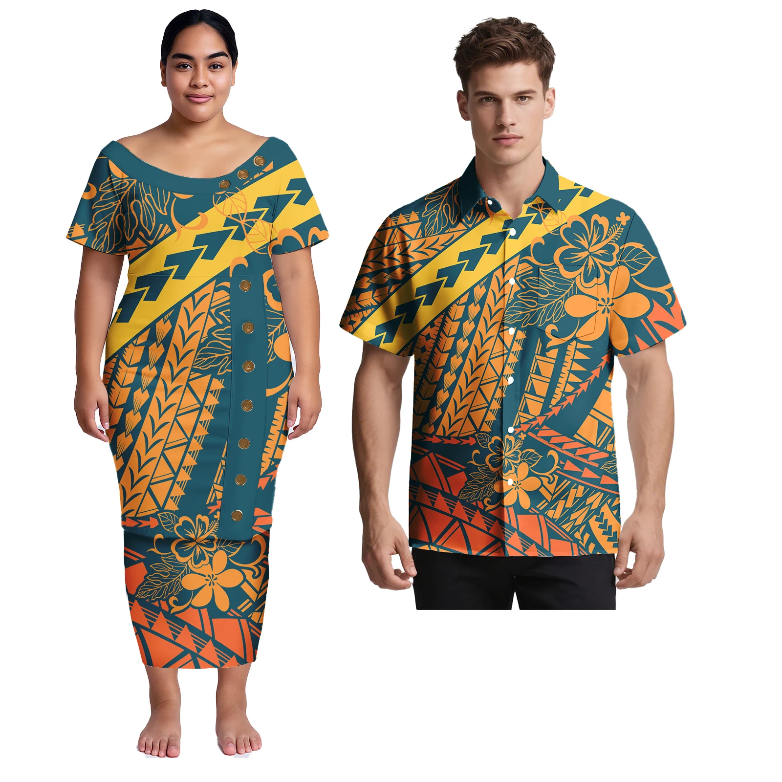 Matching Clothes for Couples Samoan Puletasi Dresses Men's Shirts Polynesian Tribal Couple Outfit Sets