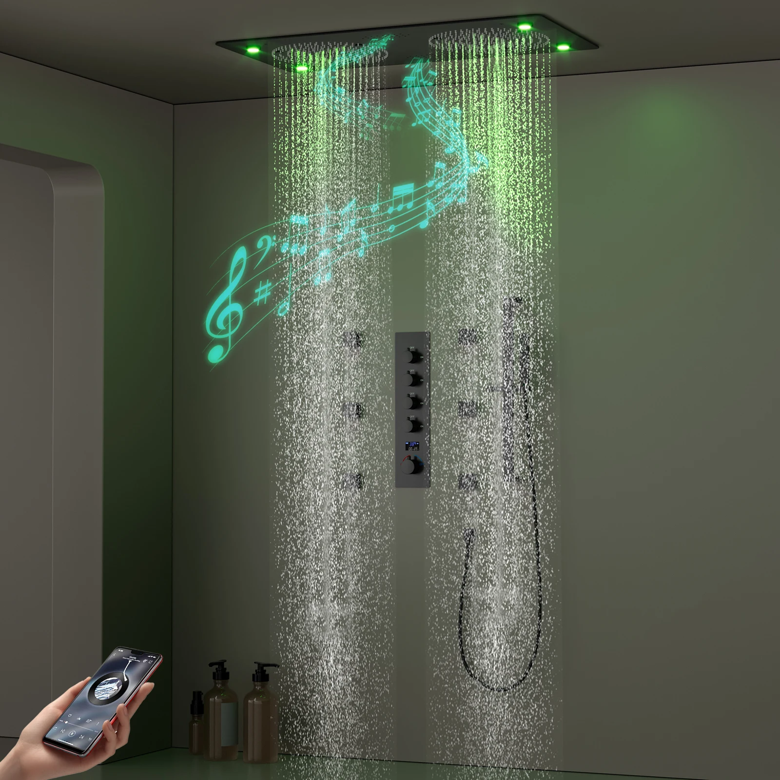 Modern Multifunctional 62x32CM Black Bathroom LED Music Shower Thermostatic Rain Shower Smart Shower Set