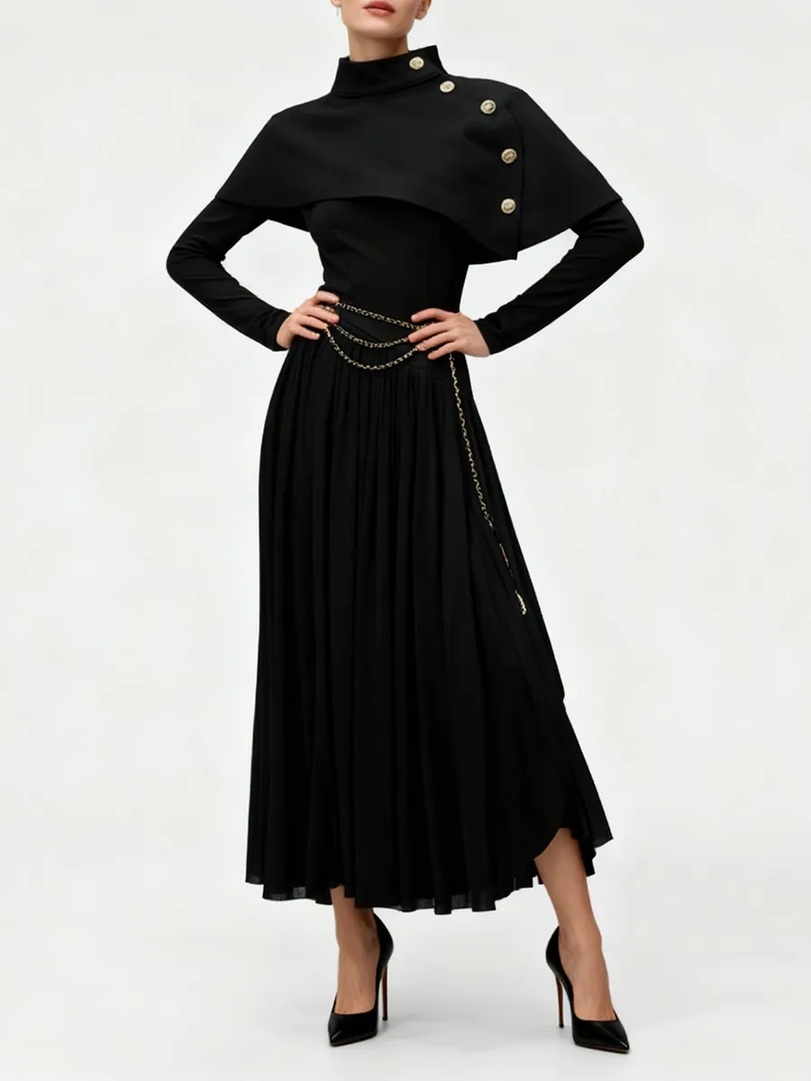 TWOTWINSTYLE Solid Slimming Two Piece Sets for Women O Neck Spliced Metal Buttons Shawl Stand Neck Long Sleeves Dress Set Female