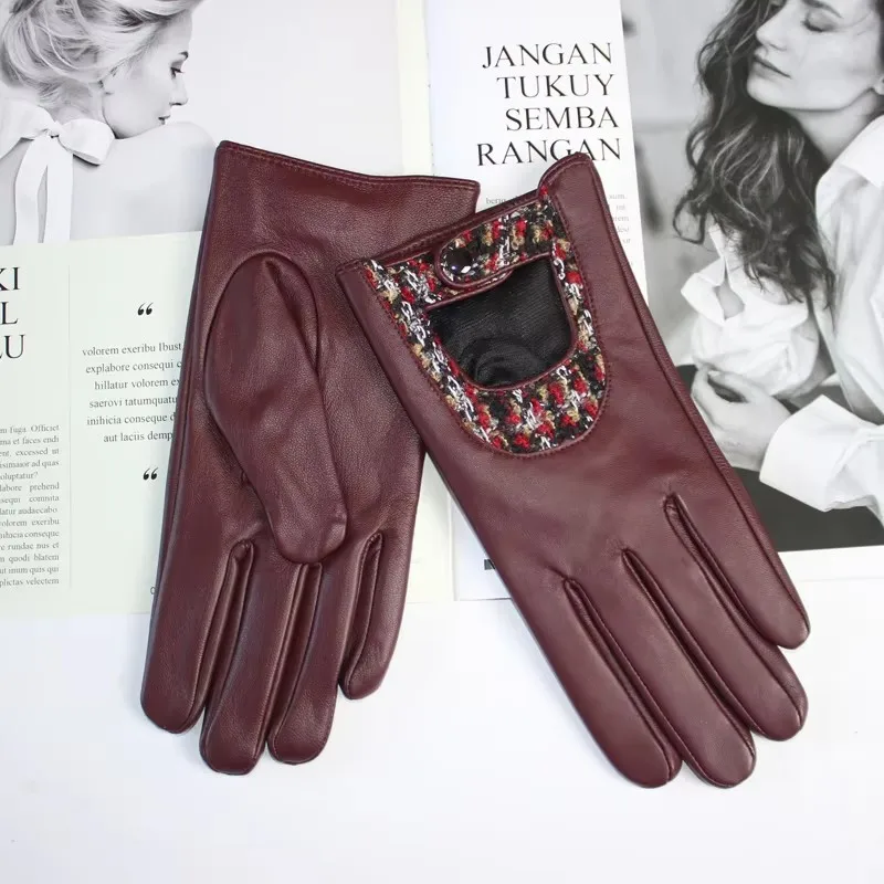 New Ladies Sheepskin Gloves Touch Screen Thin Silk Lining Embroidered Stitching Button Style Outdoor Riding Driving Gloves Autum