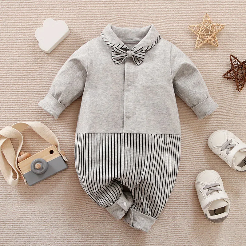 Newborn Boy Baby Jumpsuit Casual And Comfortable Vertical Bow Splicing Gray Spring And Autumn Cotton Long Sleeved Baby Jumpsuit