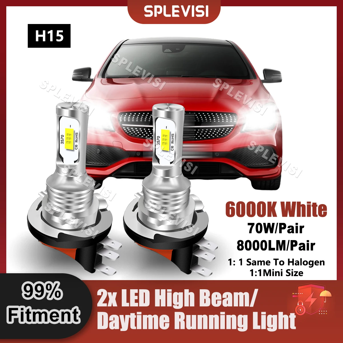 

1 Pair LED H15 Headlight High Beam/Daytime Running Light Pure White For Mercedes CLA C117 2013 2014 2015 2016 2017 2018 2019