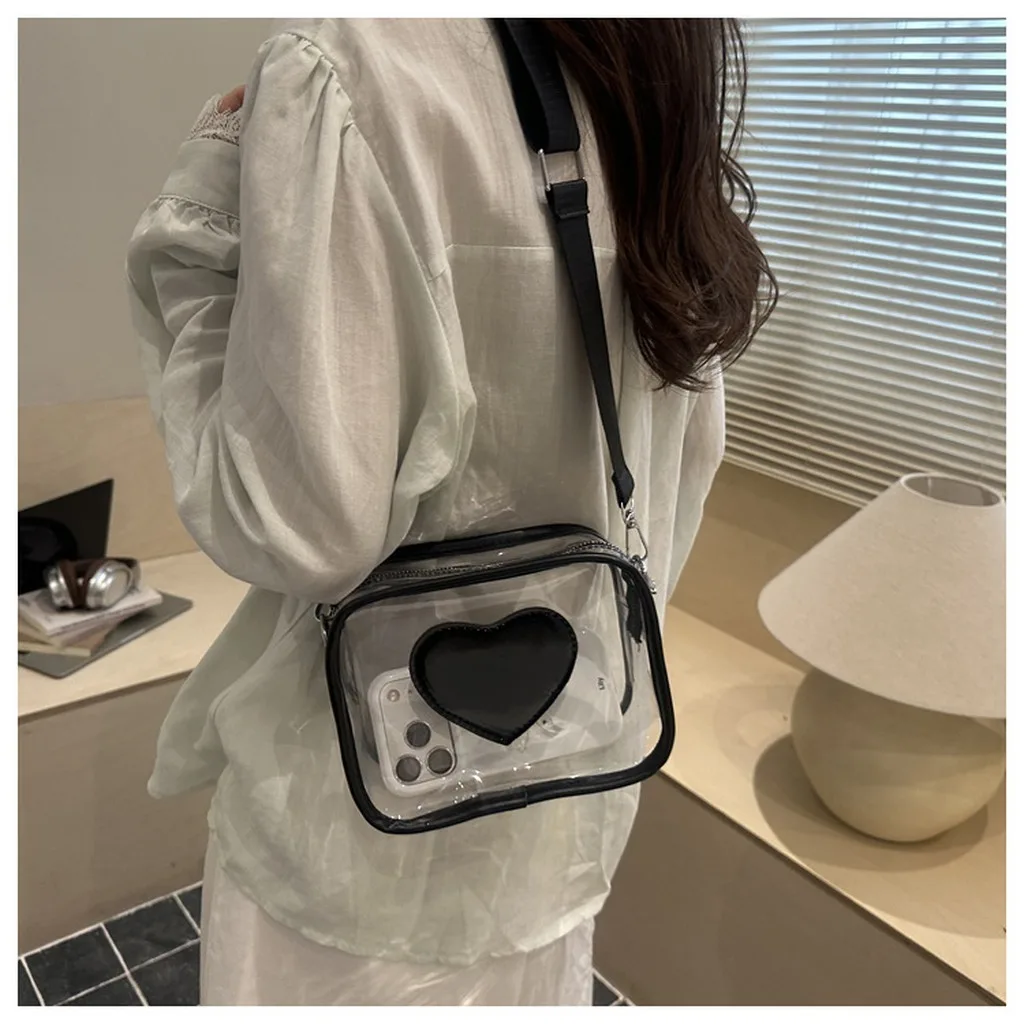 Transparent Jelly Crossbody Bag Smooth Small Square Handbag Heart Decor Shoulder Bag Leather Pvc Plastic Crossbody Bag For Daily