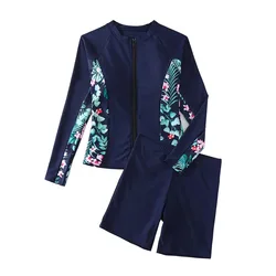 Tropical Print Patchwork 2 Piece Swimsuits, Long Raglan Sleeve Zip Up Swim Top & Shorts Water Sports Swimsuit Women Swimwear