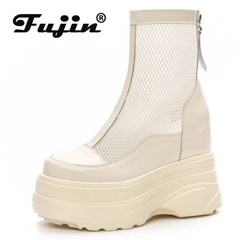 Fujin sepatu bot Wedge bernapas, sepatu bot Ankle ritsleting tinggi lutut modis Wedge Platform musim panas kulit paten berongga jaring udara 10cm