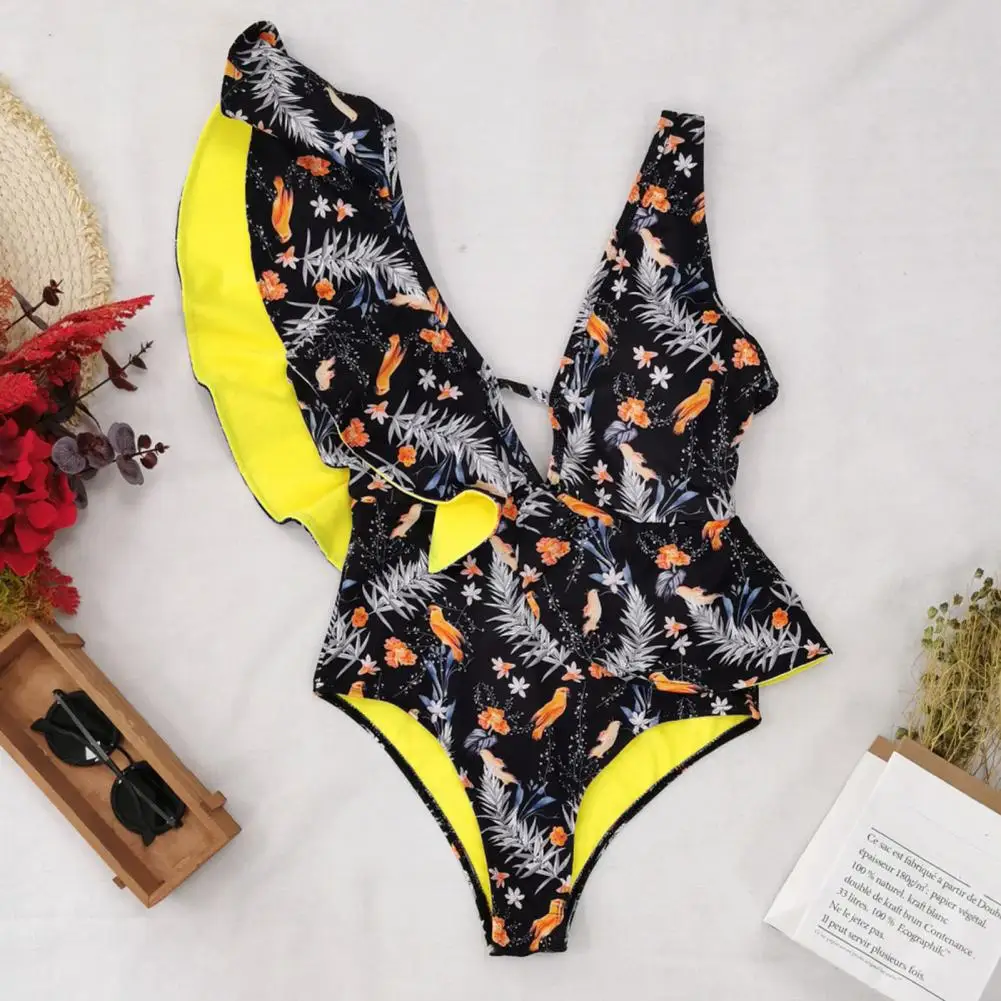 Stylish One Piece Swimsuit Bright Color Summer Sexy Ruffle One Piece Monokini Swimsuit  Monokini    Floral Print Monokini