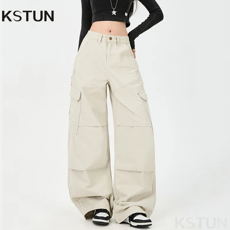 

KSTUN Beige Cargo Pants 100% Cotton Women's Wide Leg Jeans Multi-Pockets Oversized Female Casual Trousers Front Pleated Design