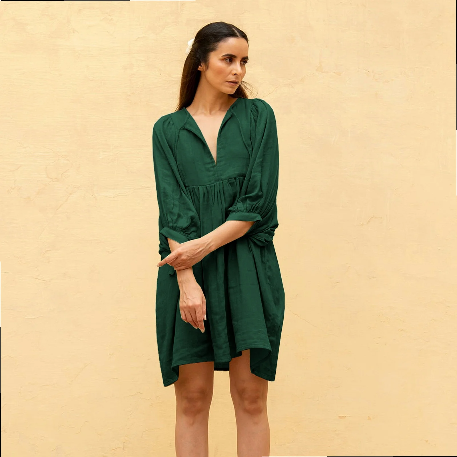 Women Summer Dress Plus Size Lantern Sleeve Casual Loose Solid Color Elegant Versatile Dresses