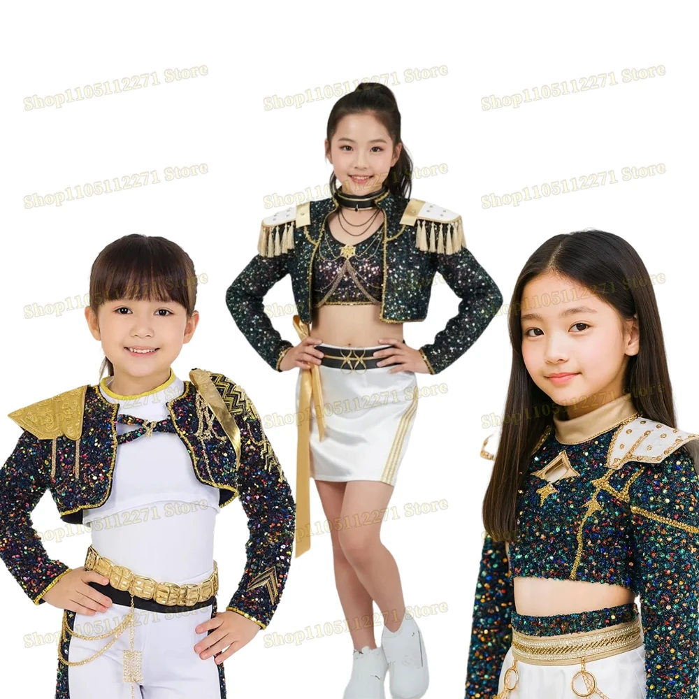 أزياء رومي زوي ميرا التأثيرية KPop شيطان الصيادين التأثيرية شعر مستعار للفتيات بدلة ذهبية سوداء للأطفال أزياء لعب الأدوار في حفلات الهالوين #1