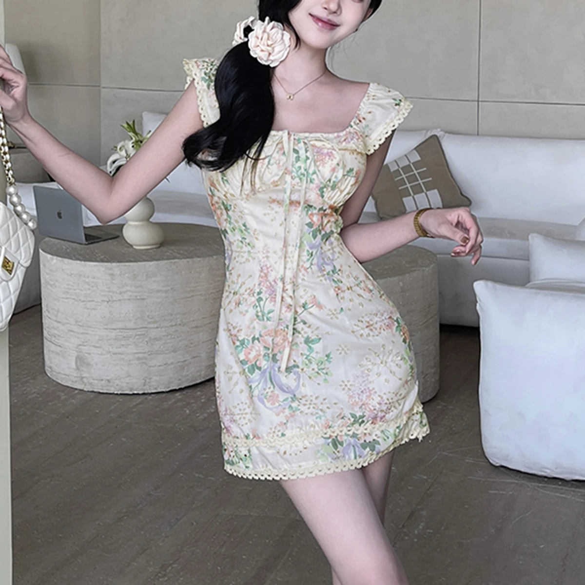 Women\'s Hot Sweetheart Dresses 2024 Summer Fashion Hundred Girls Sense Aging French Square Neck Waisted Floral Dresses