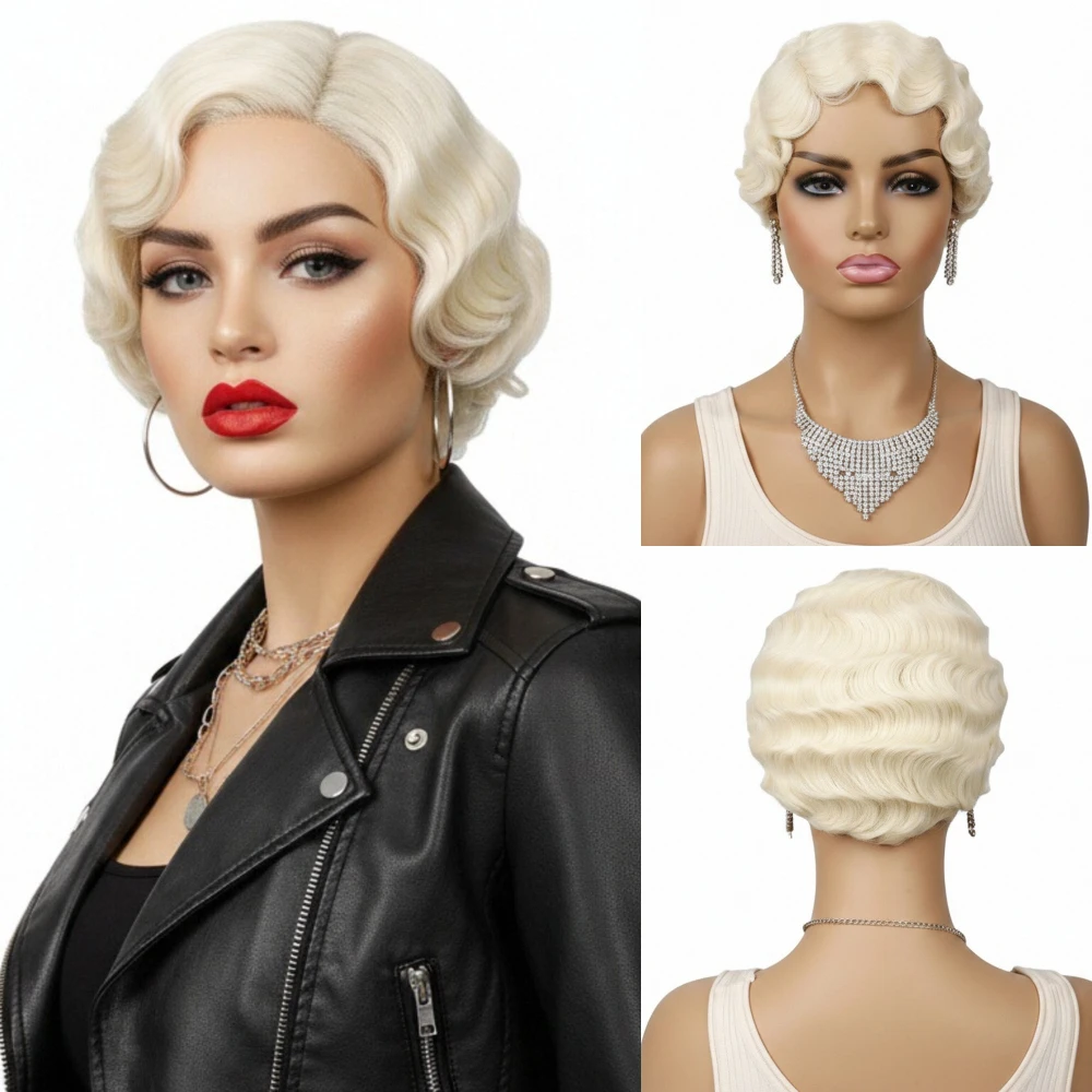 

Short Bob Water Wave Synthetic Wig Blonde Heat Resistant for Women Daily Cosplay Party Wear