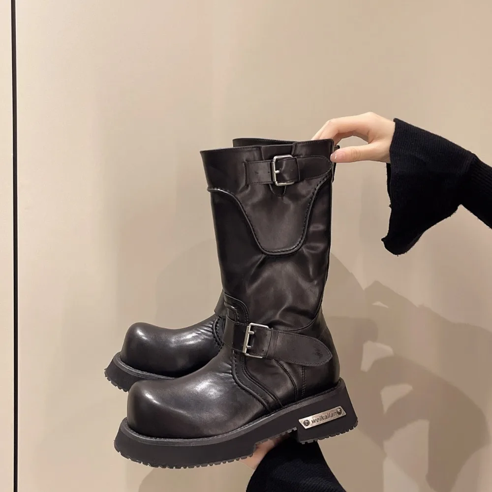 

Винтажные байкерские ботинки — байкерские ботинки унисекс с пряжкой до середины икры на массивном носке