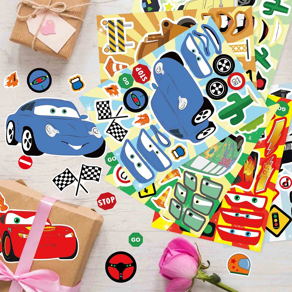 Autocollants de puzzle de dessin animé Disney McQueen pour enfants, faites votre propre visage, assemblage de jouets de puzzle, bricolage, mignon, 6